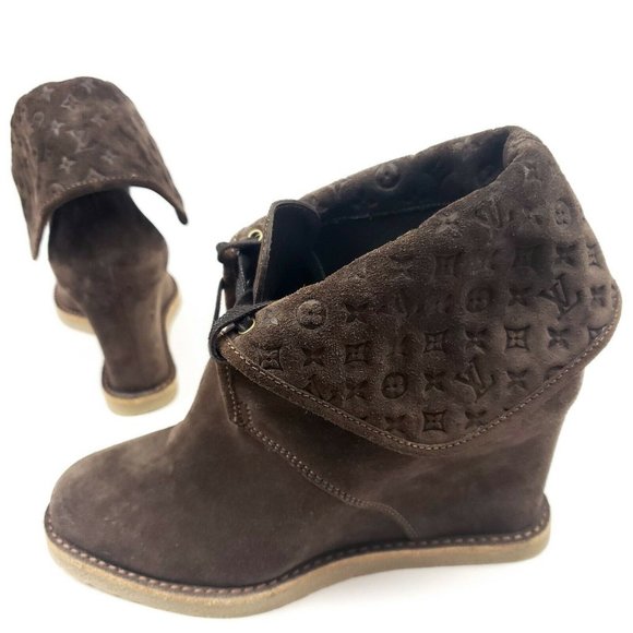 AUTHENTIC LOUIS VUITTON Brown Monogram Suede Wedge